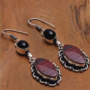 Banded Red Rainbow Jasper Black Onyx Drop Dangle Earrings Jewelry 2.4"